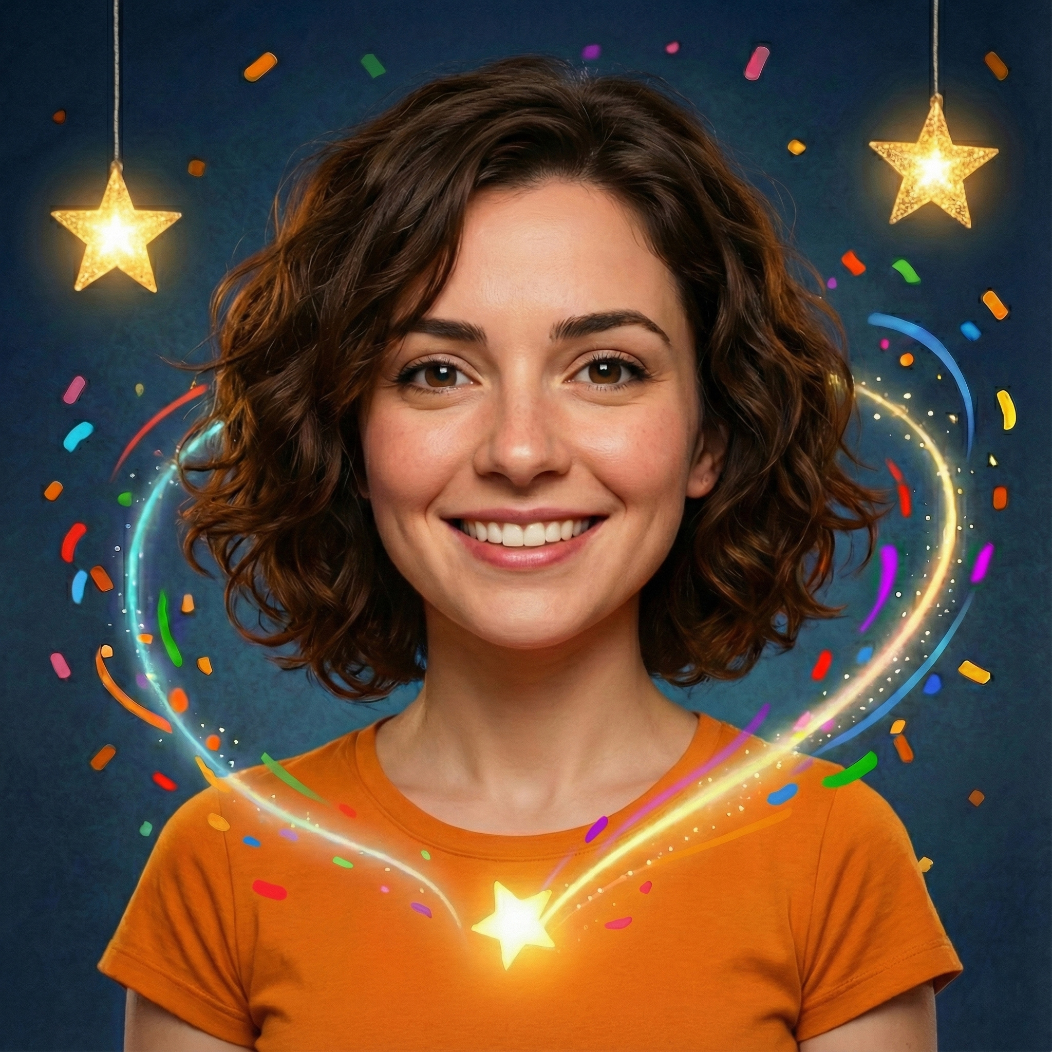 Kiki Komet – fröhliches Portrait mit Sternen und Konfetti